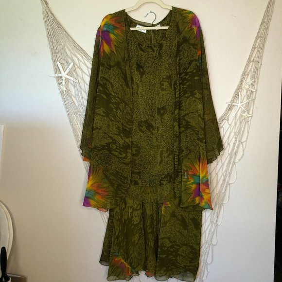 GOLDEN SEA Three-Piece Skirt Set Top Jacket Skirt Olive Green Chiffon 3X